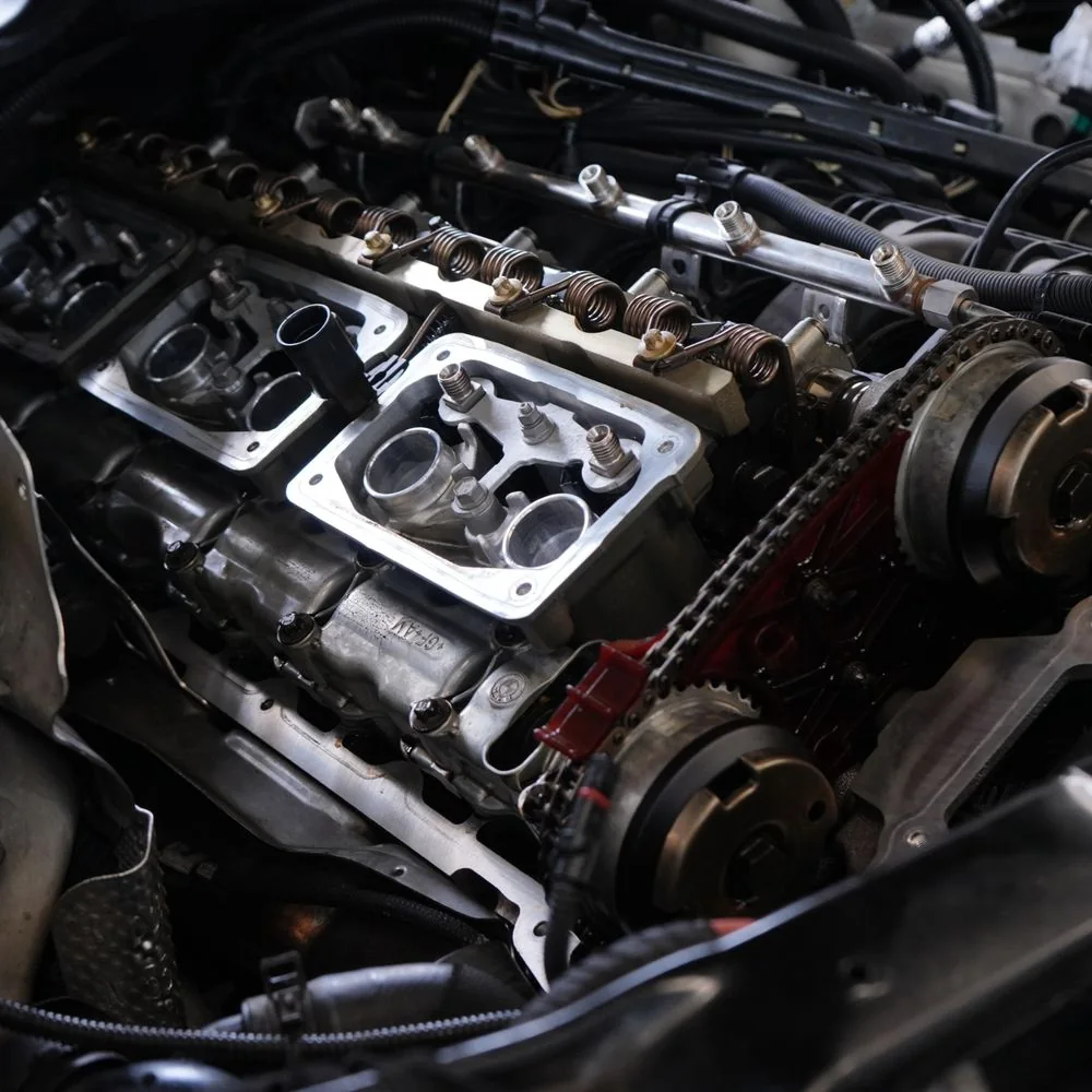 An engine with the cam covers off, showing the timing chain