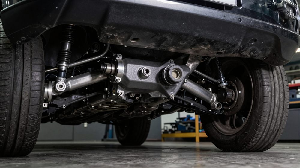A car raised on the workshop ramp during an MOT inspection