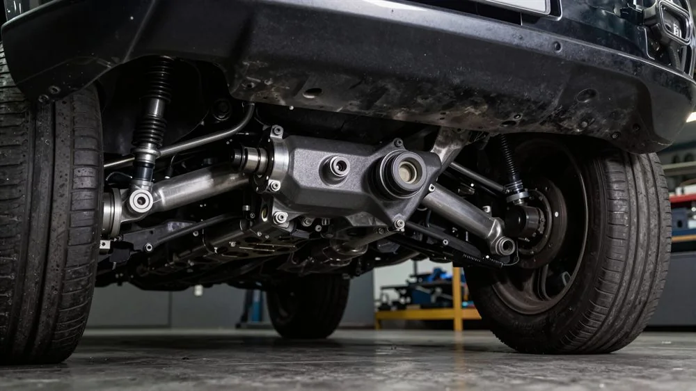 A vehicle undergoing its MOT test in the workshop